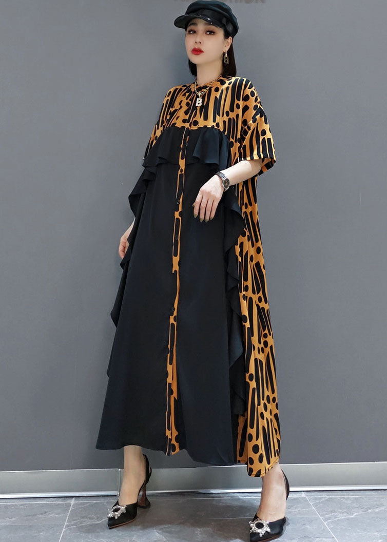 Yellow Button Ruffled Patchwork Chiffon Long Dress Spring