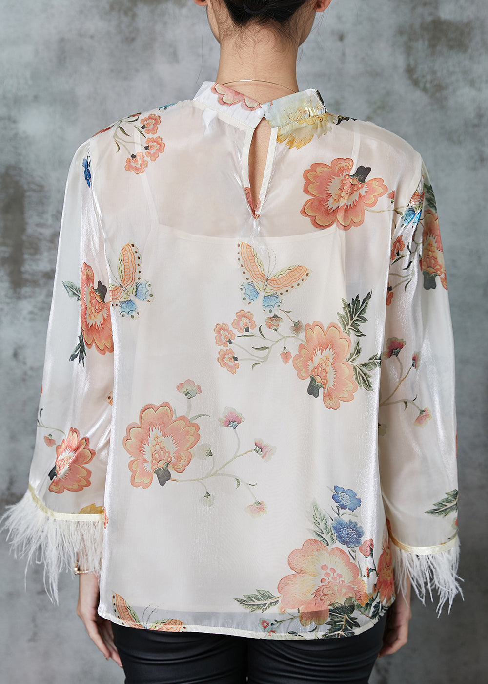 White Tasseled Print Silk Shirts Spring