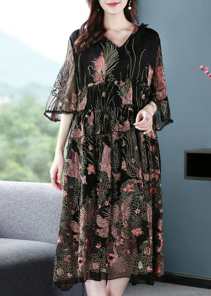 Black Hooded Embroideried Silk a Line Dress Summer