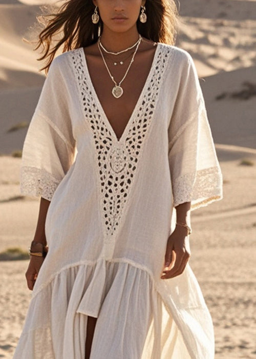 White Oversized Lace Patchwork Cotton Long Dresses Summer