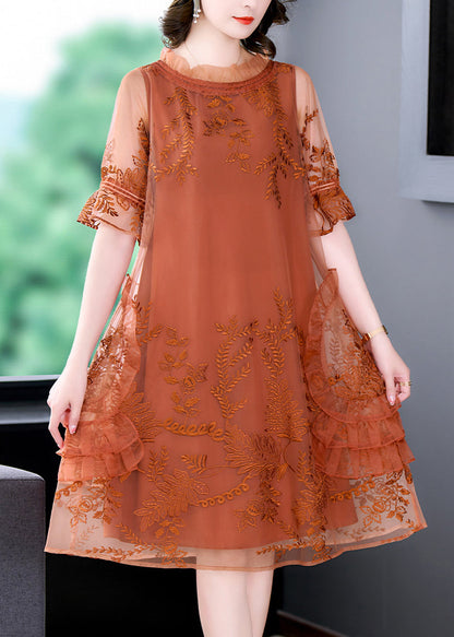 Stylish Orange Embroideried Patchwork Tulle Mid Dresses Summer