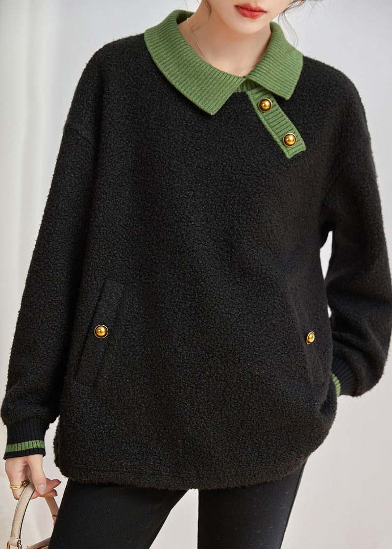 Black Peter Pan Collar Patchwork Teddy Faux Fur Sweatshirts Top Winter