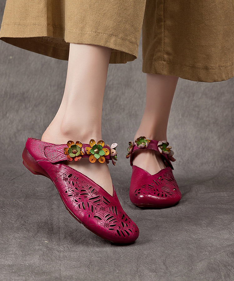 Purple Hollow Out Cowhide Leather Slide Sandals