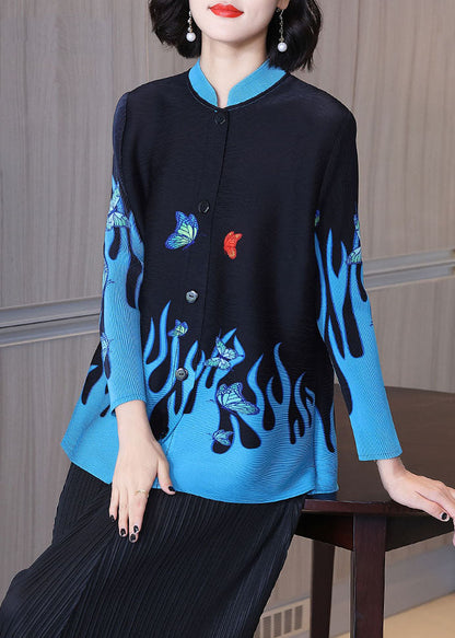 Black Stand Collar Print Button Shirt Long Sleeve