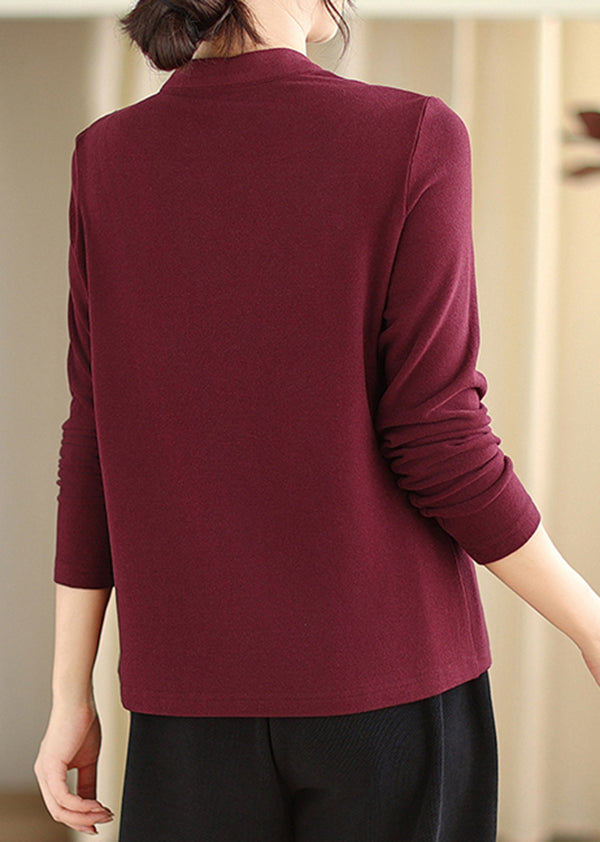 Purple Red Stand Collar Button Cotton Blouse Tops Fall