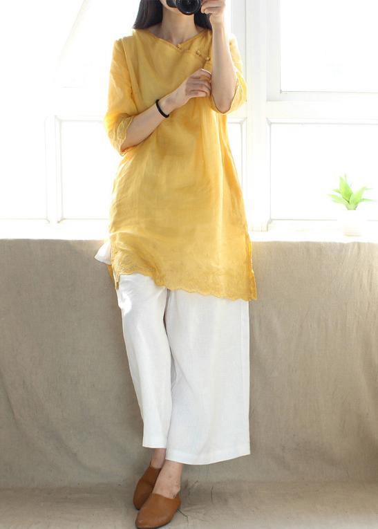 Classy V Neck Half Sleeve Blouses for Design Yellow Embroidery Top