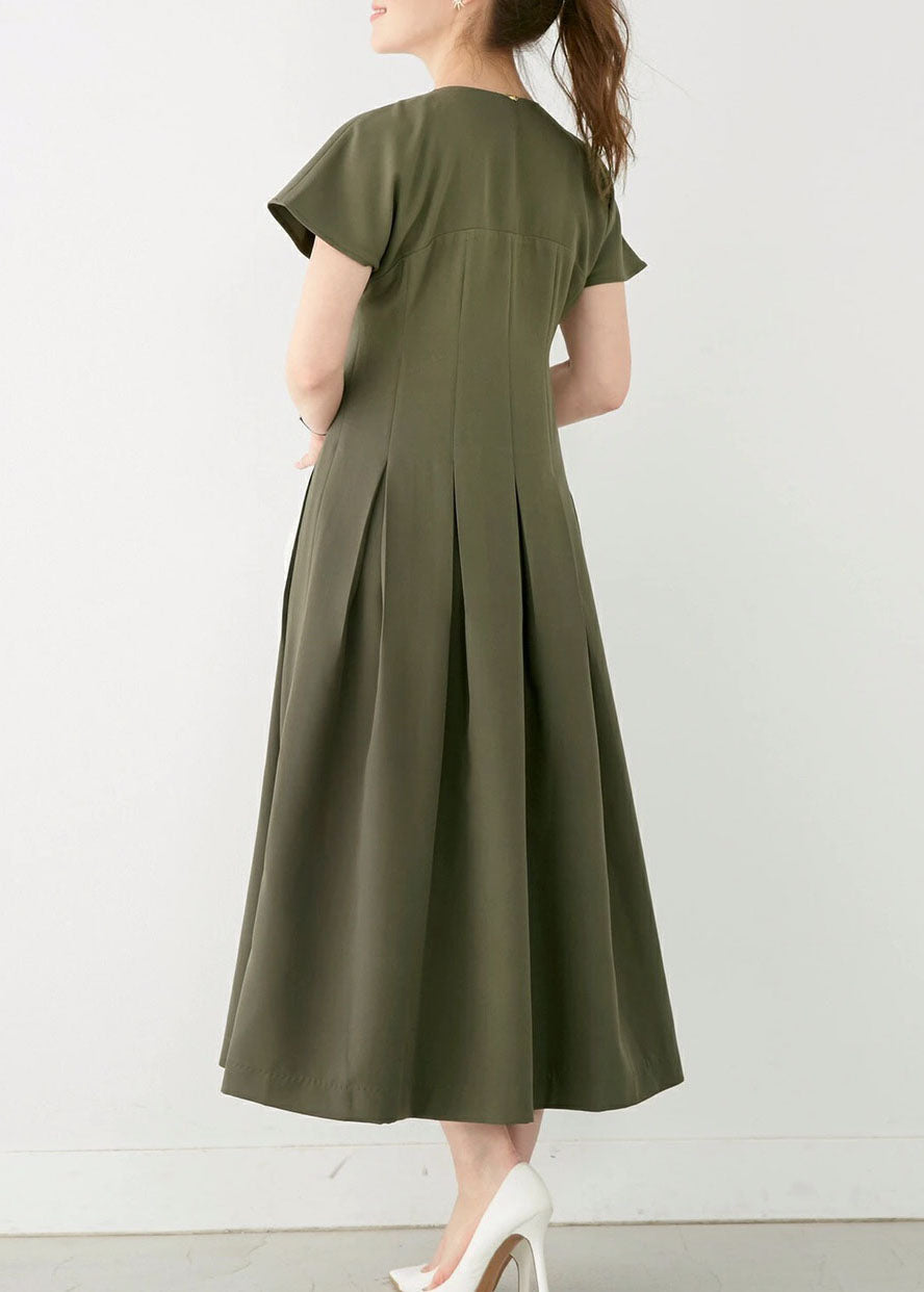 Green V Neck Patchwork Wrinkled Cotton Dress Summer
