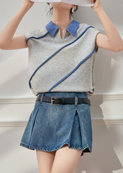Peter Pan Collar Patchwork T Shirt and Pants Skirts Two Pieces Set Summer