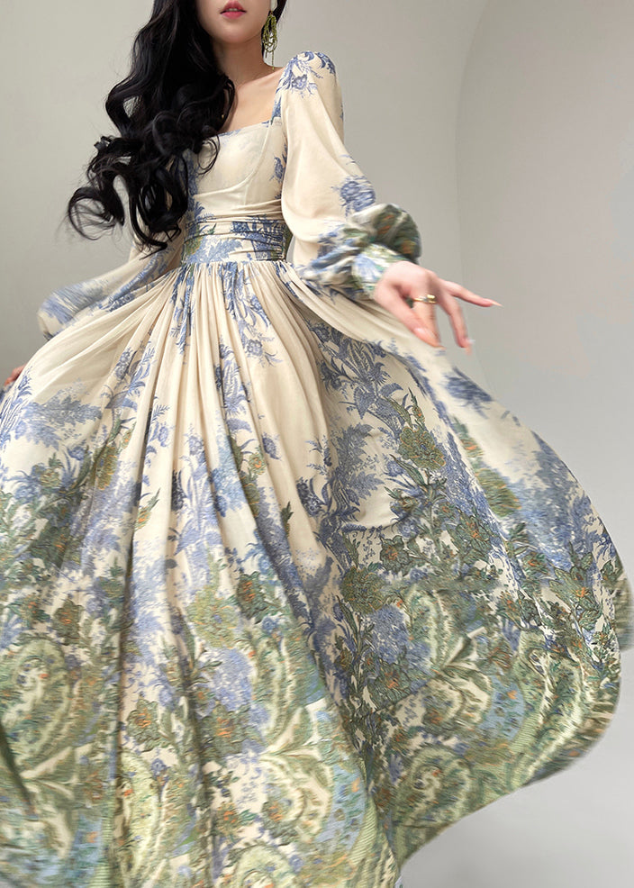 Classy Square Collar Print High Waist Tencel Chiffon Maxi Dress Spring