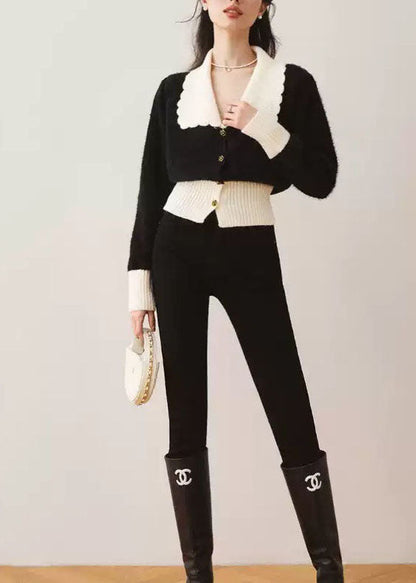 French Black Peter Pan Collar Patchwork Knit Cardigan Fall