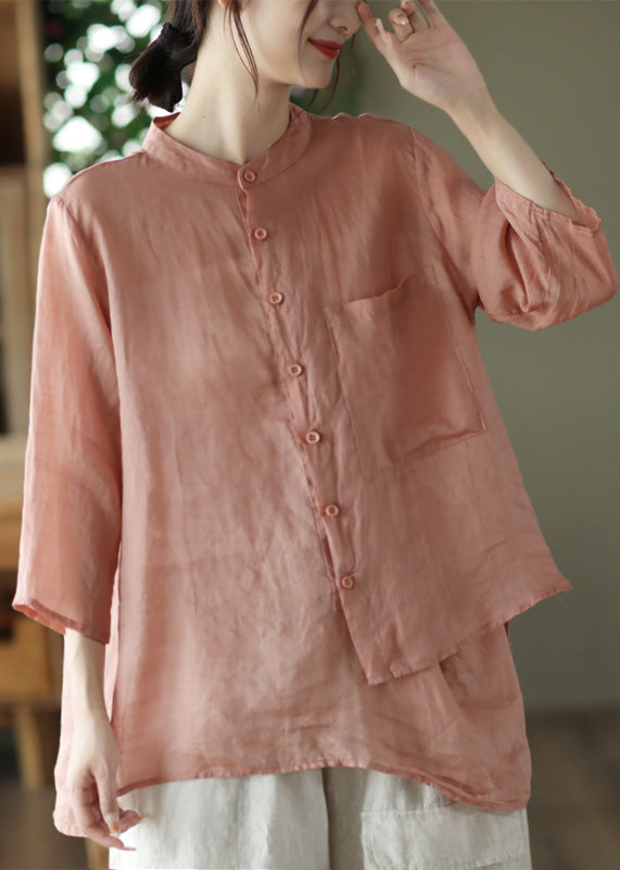 Green Stand Collar Pockets Button Linen Shirt Summer