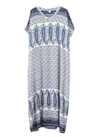 Stylish Blue Print Cotton V Neck Summer Dress