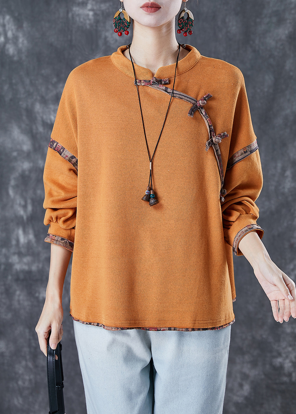 Orange Chinese Button Patchwork Cotton Shirt Tops Spring