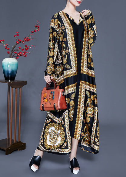 Black V Neck Oversized Print Silk Ankle Dress Spring