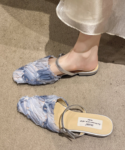 Splicing Blue Cotton Fabric Buckle Strap Slide Sandals