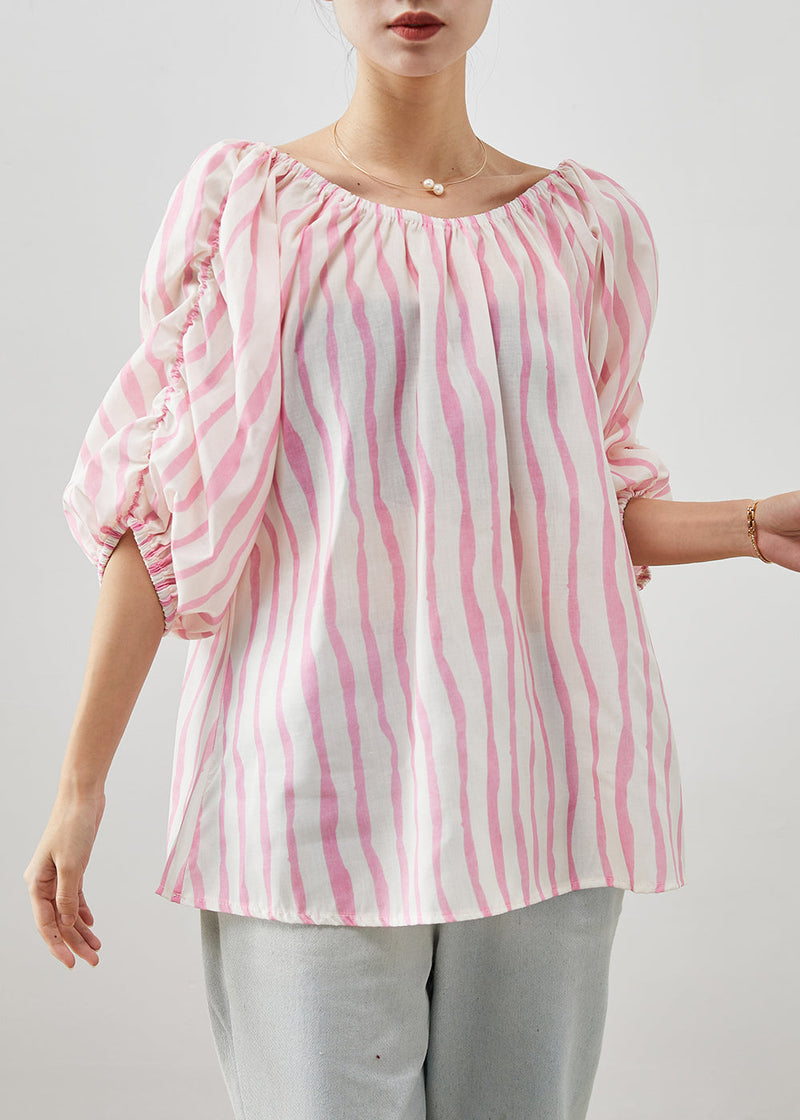 Pink Slash Neck Striped Cotton Shirt Puff Sleeve