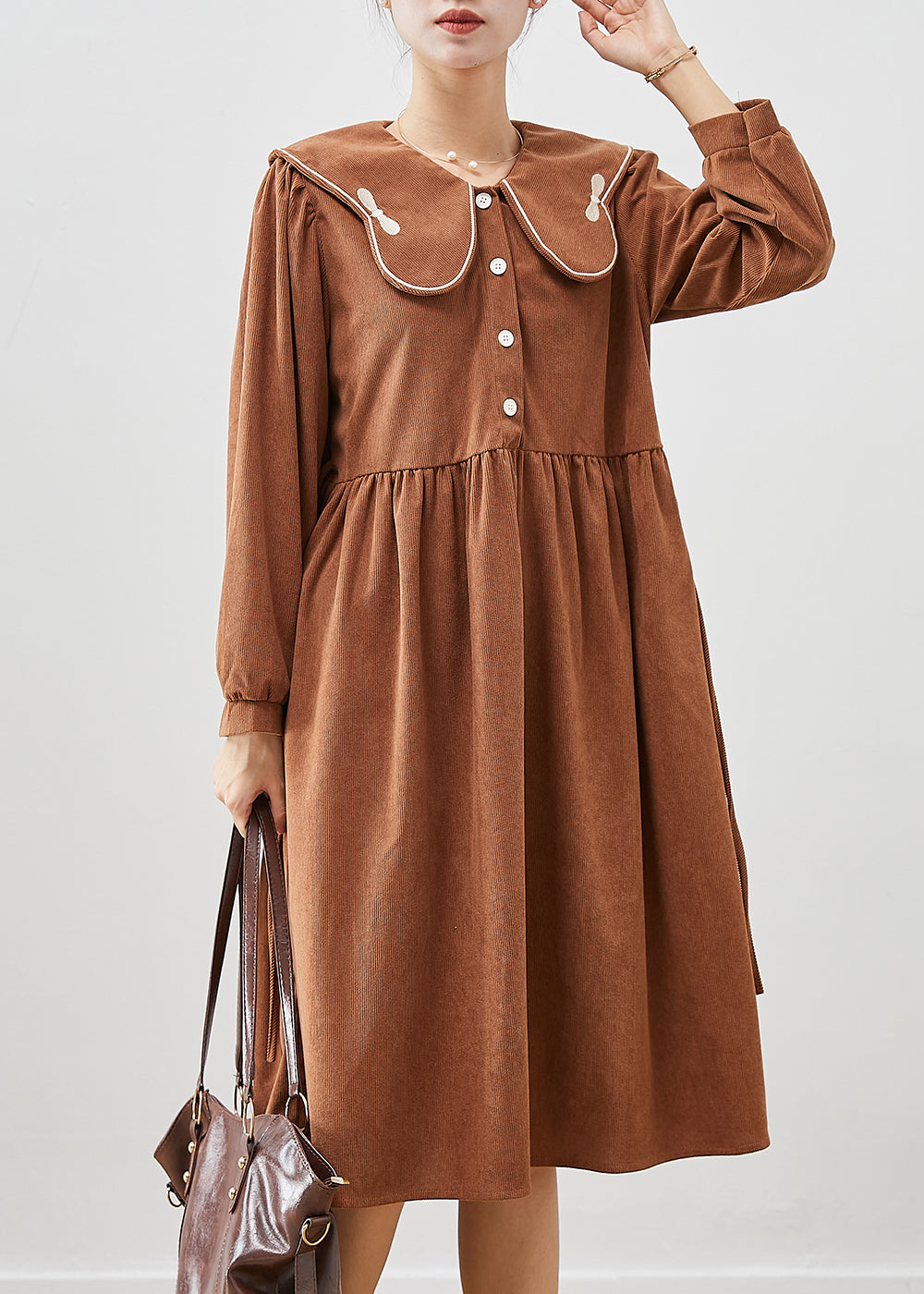 Chocolate Oversized Butterfly Collar Corduroy Party Dress Fall