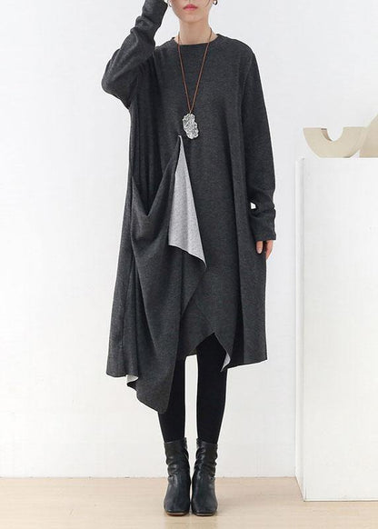 French Grey O-neck Patchwork Fall Dress Long Sleeve