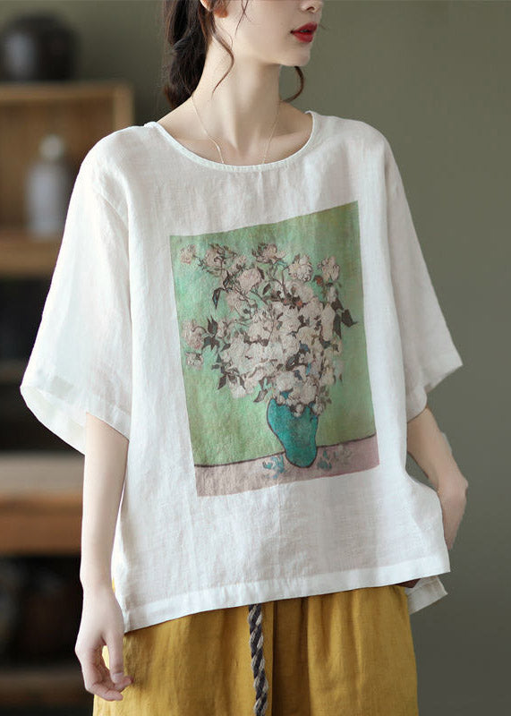 White O-neck Print Linen T Shirt Half Sleeve