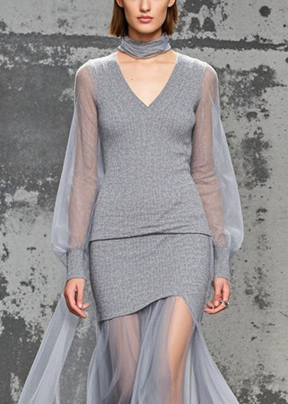 Grey V Neck Patchwork Tulle Knitwear Dress Fall