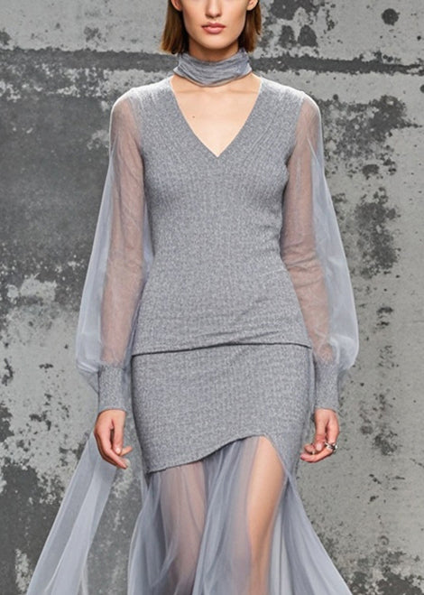 Grey V Neck Patchwork Tulle Knitwear Dress Fall
