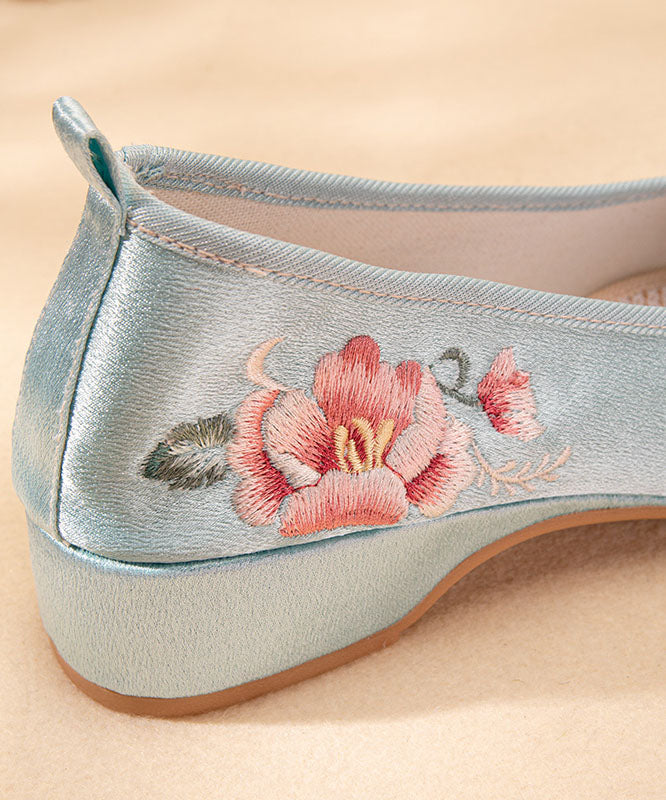 Light Blue Satin Embroideried Shoes Splicing Wedge Pointed Toe