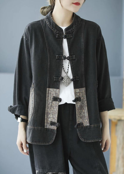 Blue Pockets Button Patchwork Fall Denim Long Sleeve Coat