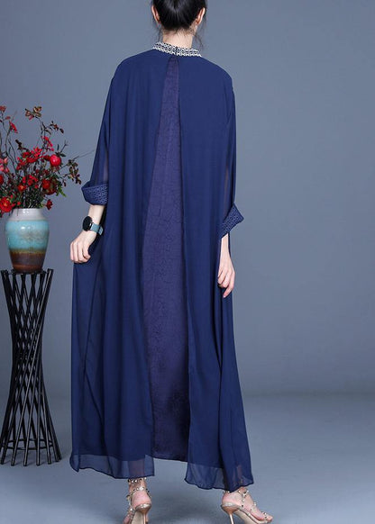 Fine Blue Embroidery Long Maxi Summer Spring Chiffon Dress