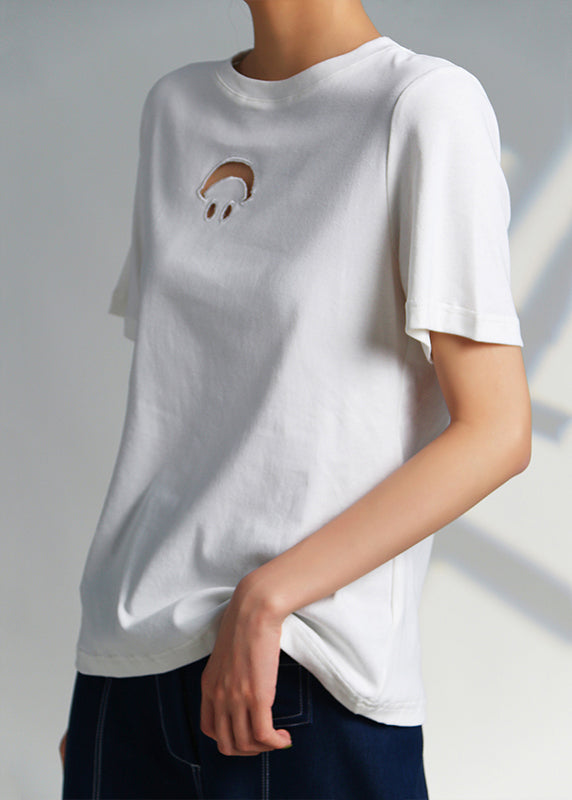 White O Neck Hollow Out Cotton T Shirts Summer