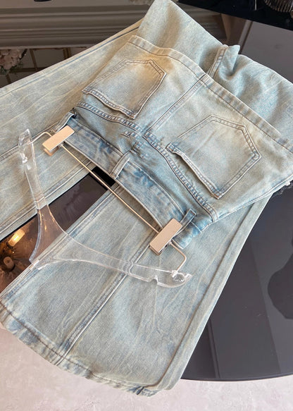 Blue Pockets False Two Pieces Patchwork Denim Pants Fall