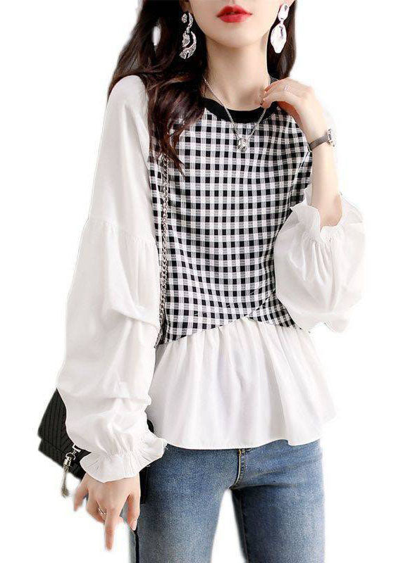 Plaid Patchwork Lantern Sleeve Top Spring