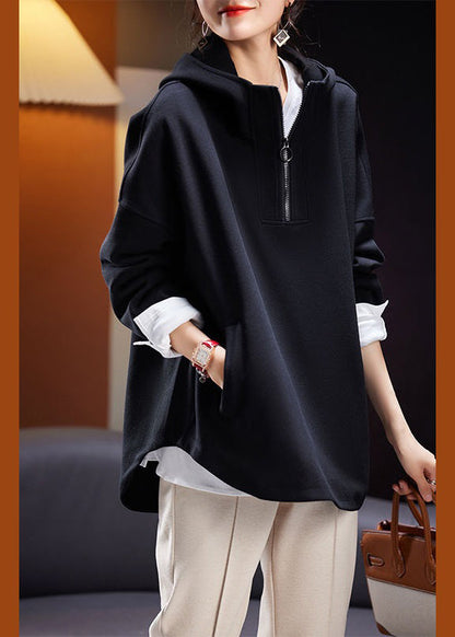 Black Hooded Zippered Pockets Cotton Sweatshirt Long Sleeve