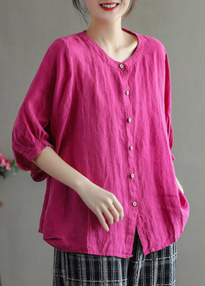 Loose Yellow O-neck Button Linen Shirts Half Sleeve