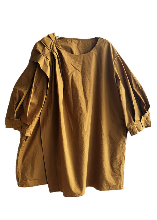 Italian Yellow O-neck Asymmetrical Cotton Top Fall
