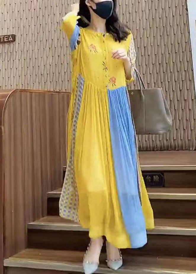Yellow Print Patchwork Chiffon Vacation Dresses Spring