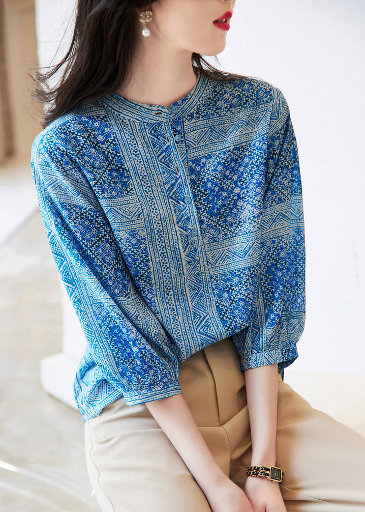 French Green O-neck Print Chiffon Tops Fall