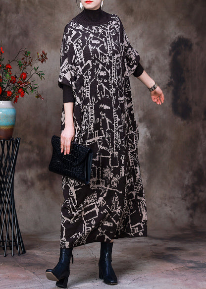Black Turtleneck Print Knit Patchwork Long Dress Long Sleeve
