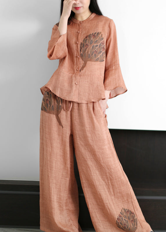 Red Print Linen Tops and Wide Leg Pants Two Pieces Set Drawstring Flare Sleeve