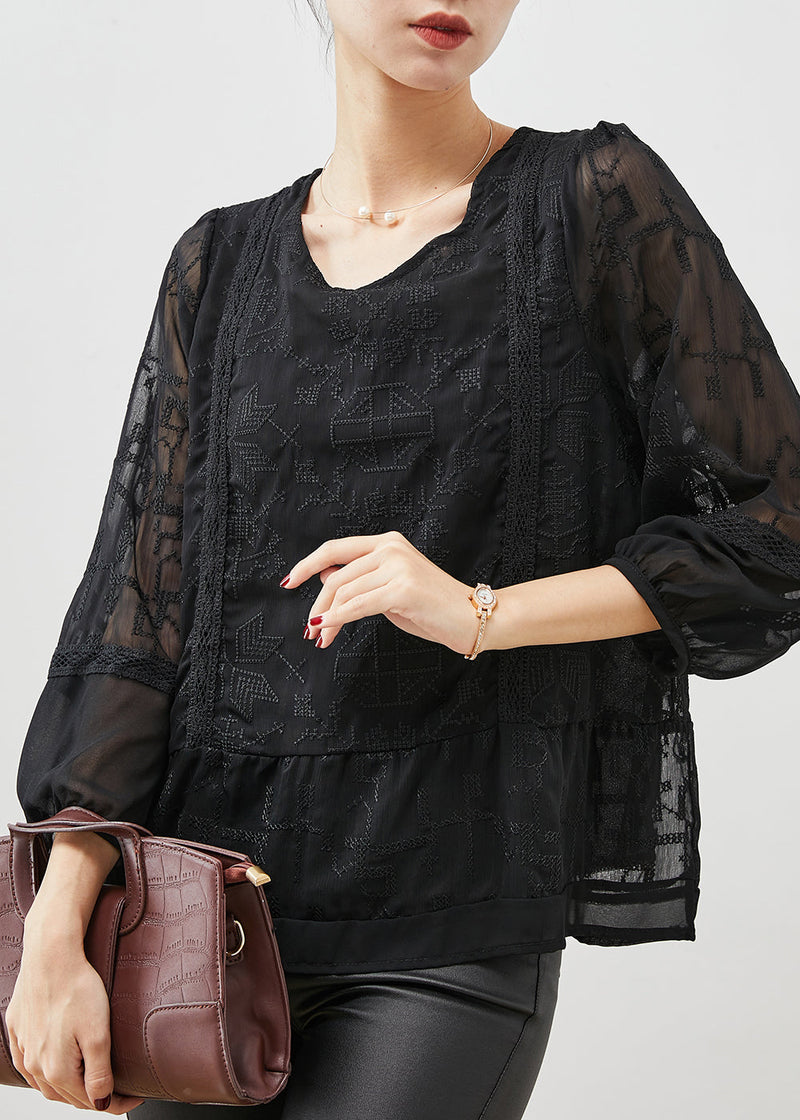 Black Embroidered Tulle Blouse Top Bracelet Sleeve