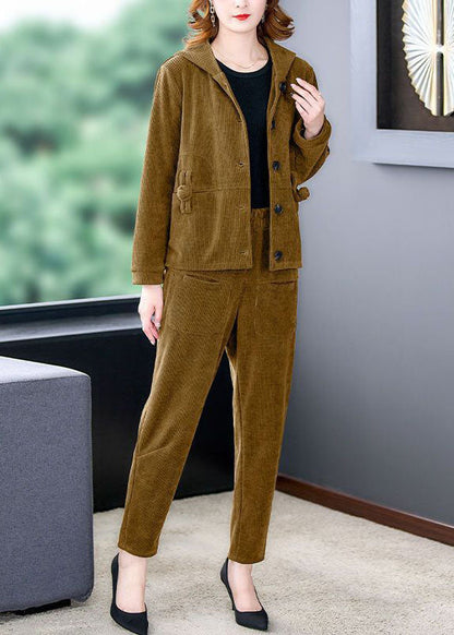 Boutique Yellow Hooded Pockets Corduroy Coats and Pants Two Pieces Set Long Sleeve