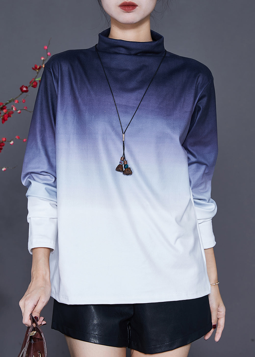 Navy Turtle Neck Gradient Color Cotton Shirt Tops Spring