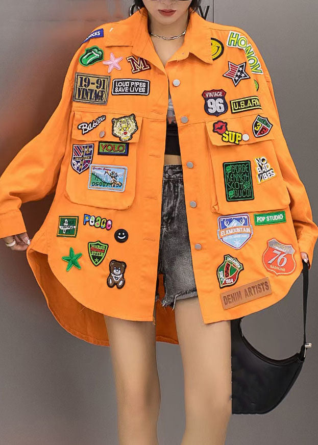 Orange Pockets Graphic Patchwork Denim Coat Spring