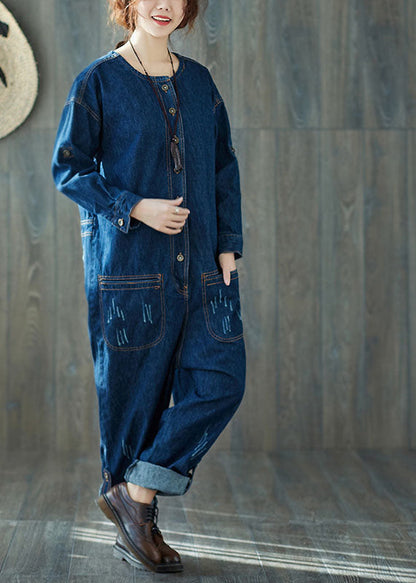 Dark Blue O-neck Pockets Denim Jumpsuits Spring