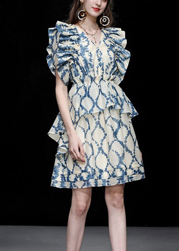 Blue V Neck Print Ruffled Patchwork Organza Mid Dress Summer