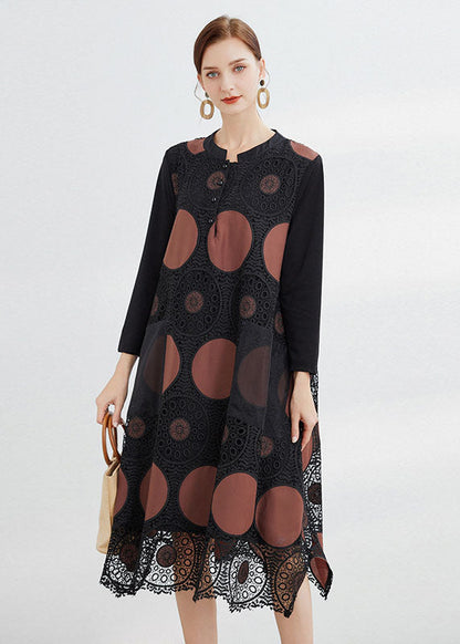 Chocolate Embroideried Pockets Lace Dress Spring