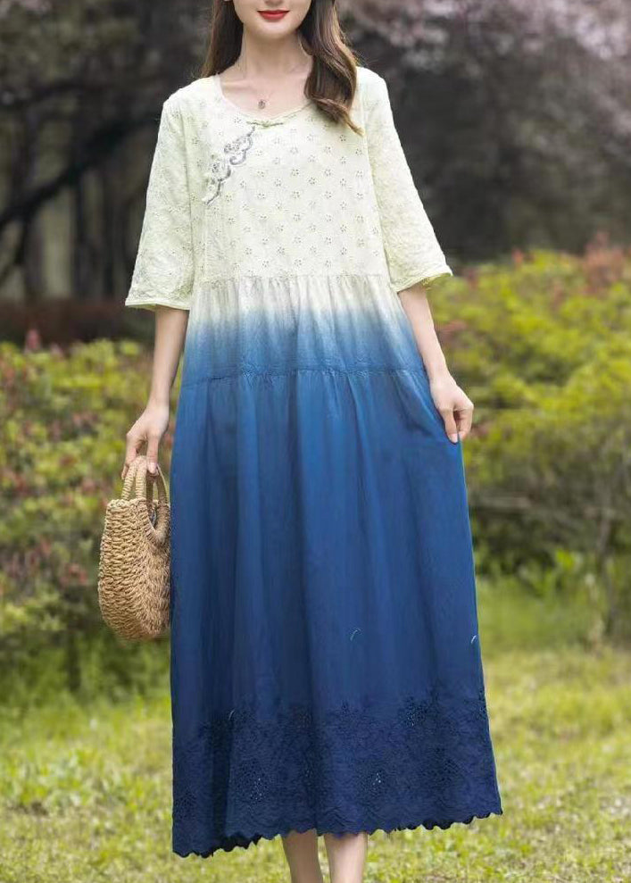 Gradient Color Blue O-neck Patchwork Tie Dye Long Dress Summer