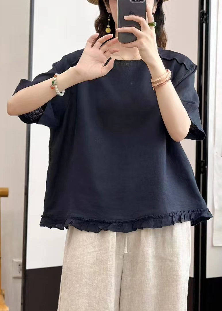 Navy Button Linen Blouse Tops O Neck Summer