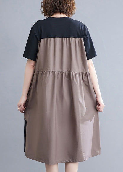 Fitted O-neck Asymmetrical Patchwork Wrinkled Long Dresses Summer