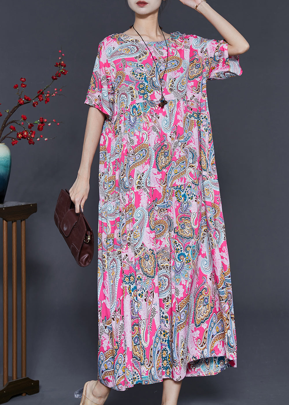 Pink Oversized Print Cotton Ankle Dress Summer