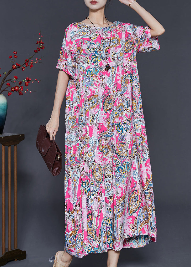 Pink Oversized Print Cotton Ankle Dress Summer